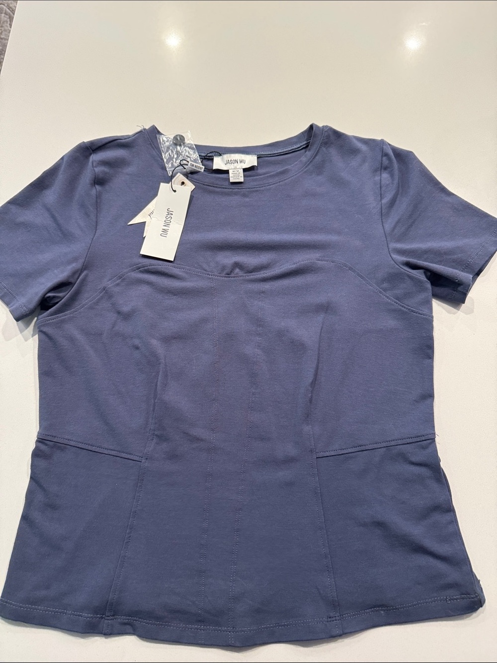 Jason Wu Short Sleeve Top in Slate Blue corset look on the front.